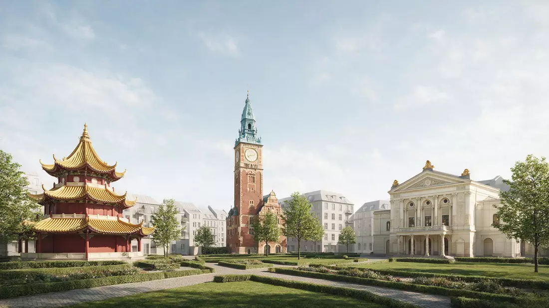 Architektur-Render von Tivoli Kopenhagen in Kopenhagen, Dänemark bei Tageslicht