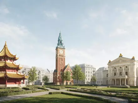 Moderner Architektur-Render zeigt Silhouette von Tivoli Kopenhagen in Kopenhagen Dänemark, klare Linien und neutrales Tageslicht - Foto: THN