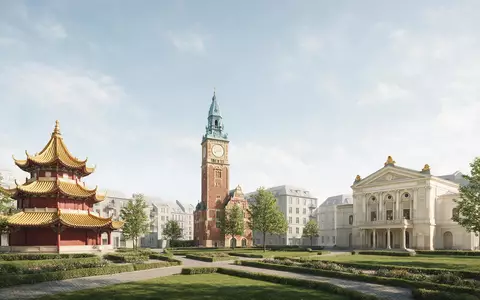 Moderner Architektur-Render zeigt Silhouette von Tivoli Kopenhagen in Kopenhagen Dänemark, klare Linien und neutrales Tageslicht - Foto: THN