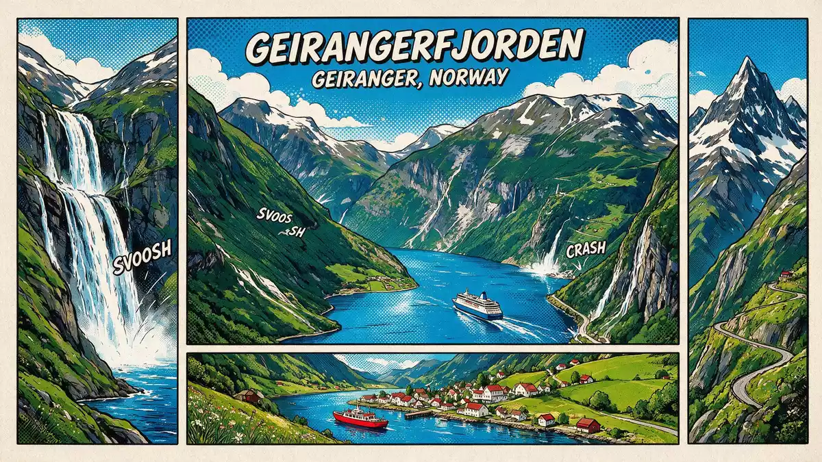 Pop-Art-Comic von Geirangerfjord in Geiranger, Norwegen mit Rasterpunkten