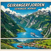 Pop-Art-Comicillustration des Wahrzeichens Geirangerfjord in Geiranger Norwegen, kraeftige Konturen Rasterpunkte und satte Farben - Foto: THN