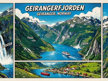 Pop-Art-Comicillustration des Wahrzeichens Geirangerfjord in Geiranger Norwegen, kraeftige Konturen Rasterpunkte und satte Farben - Foto: THN
