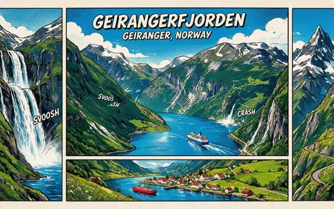 Pop-Art-Comicillustration des Wahrzeichens Geirangerfjord in Geiranger Norwegen, kraeftige Konturen Rasterpunkte und satte Farben - Foto: THN
