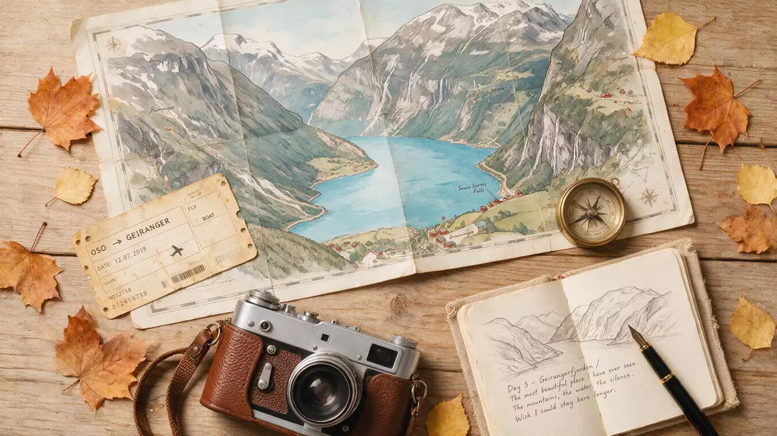 Flatlay-Reise-Arrangement rund um Geirangerfjord in Geiranger, Norwegen