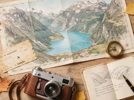 Flatlay-Reise-Arrangement rund um Geirangerfjord in Geiranger Norwegen, Karte Kompass Kamera und generische Reiserequisiten - Foto: THN