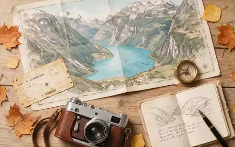 Flatlay-Reise-Arrangement rund um Geirangerfjord in Geiranger Norwegen, Karte Kompass Kamera und generische Reiserequisiten - Foto: THN