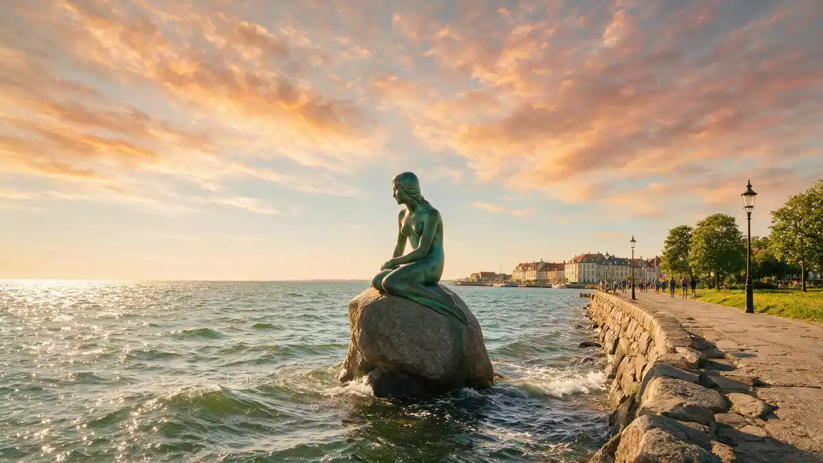 Fotorealistische Ansicht von Kleine Meerjungfrau Kopenhagen in Kopenhagen, Dänemark im Abend…