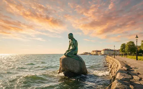 Fotorealistische Panoramaaufnahme von Kleine Meerjungfrau Kopenhagen in Kopenhagen Dänemark, warmes Abendlicht auf Wahrzeichen - Foto: THN