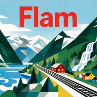 Bauhaus-Poster als geometrische Abstraktion von Flåmbahn in Flam Norwegen, kraeftige Grundfarben und harte Formkanten - Foto: THN