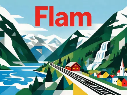 Bauhaus-Poster als geometrische Abstraktion von Flåmbahn in Flam Norwegen, kraeftige Grundfarben und harte Formkanten - Foto: THN
