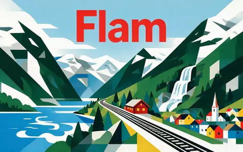 Bauhaus-Poster als geometrische Abstraktion von Flåmbahn in Flam Norwegen, kraeftige Grundfarben und harte Formkanten - Foto: THN