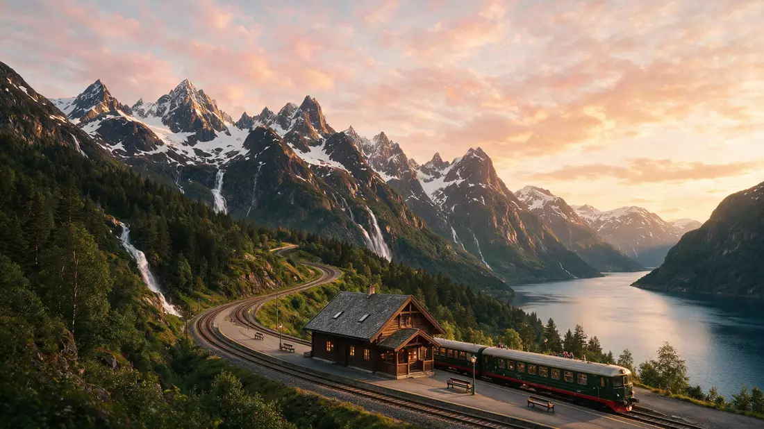 Fotorealistische Ansicht von Flåmbahn in Flam, Norwegen im Abendlicht