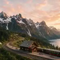 Fotorealistische Panoramaaufnahme von Flåmbahn in Flam Norwegen, warmes Abendlicht auf Wahrzeichen im Reisemotiv - Foto: THN