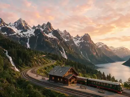 Fotorealistische Panoramaaufnahme von Flåmbahn in Flam Norwegen, warmes Abendlicht auf Wahrzeichen im Reisemotiv - Foto: THN