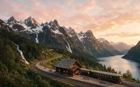Fotorealistische Panoramaaufnahme von Flåmbahn in Flam Norwegen, warmes Abendlicht auf Wahrzeichen im Reisemotiv - Foto: THN