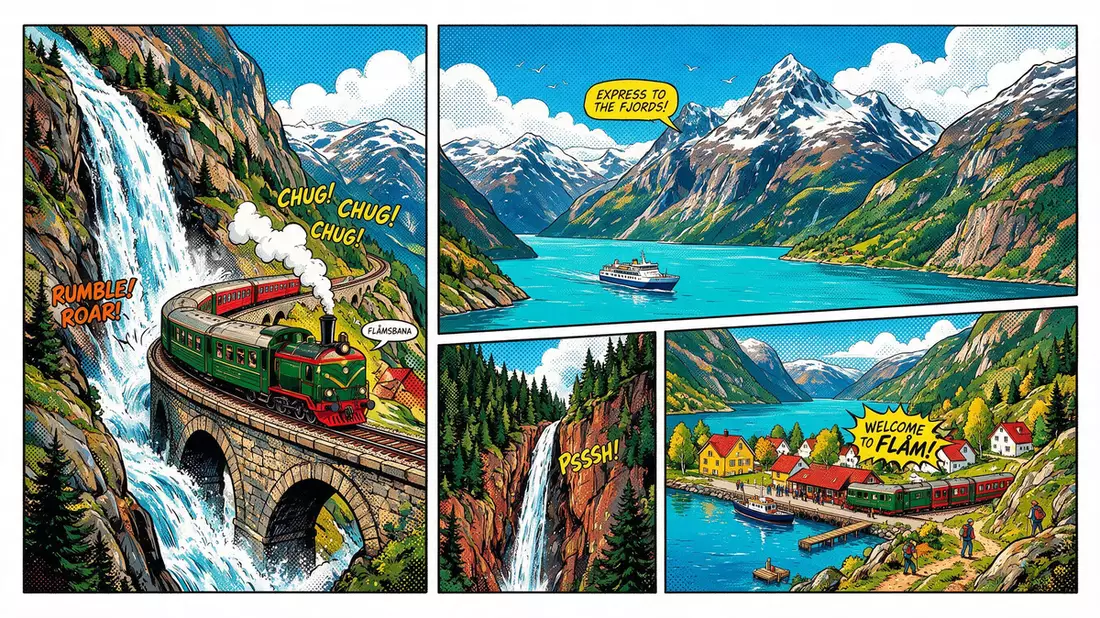 Pop-Art-Comic von Flåmbahn in Flam, Norwegen mit Rasterpunkten