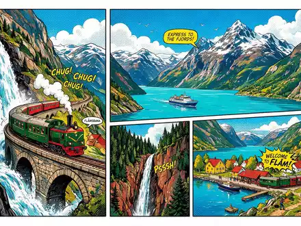 Pop-Art-Comicillustration des Wahrzeichens Flåmbahn in Flam Norwegen, kraeftige Konturen Rasterpunkte und satte Farben - Foto: THN