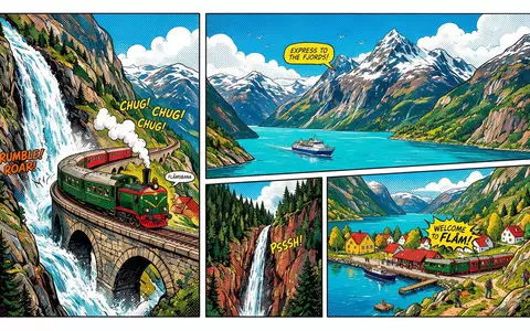 Pop-Art-Comicillustration des Wahrzeichens Flåmbahn in Flam Norwegen, kraeftige Konturen Rasterpunkte und satte Farben - Foto: THN