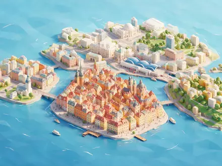 Isometrisches Diorama von Gamla Stan Stockholm und Umgebung in Stockholm Schweden, verspielte Low-Poly-Kulisse in Pastellfarben - Foto: THN