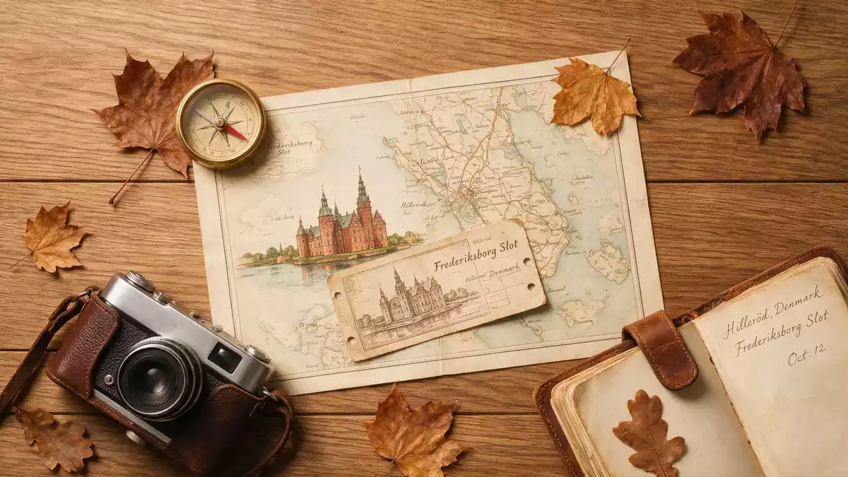 Flatlay-Reise-Arrangement rund um Schloss Frederiksborg in Hilleröd, Dänemark
