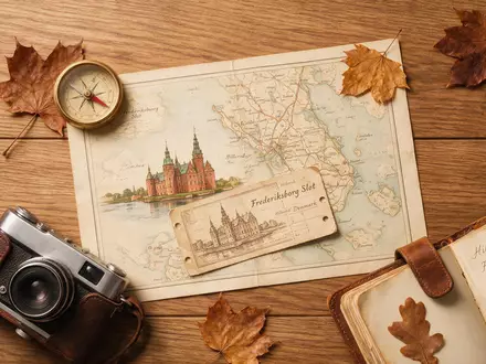 Flatlay-Reise-Arrangement rund um Schloss Frederiksborg in Hilleröd Dänemark, Karte Kompass Kamera und generische Reiserequisiten - Foto: THN