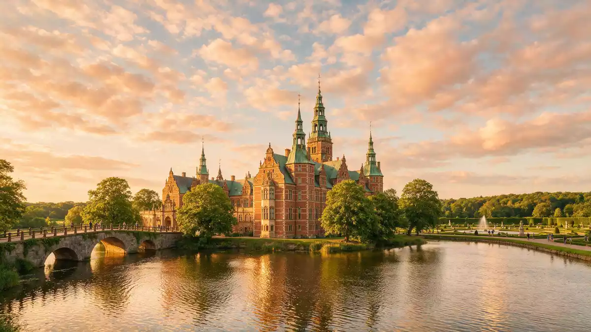 Fotorealistische Ansicht von Schloss Frederiksborg in Hilleröd, Dänemark im Abendlicht