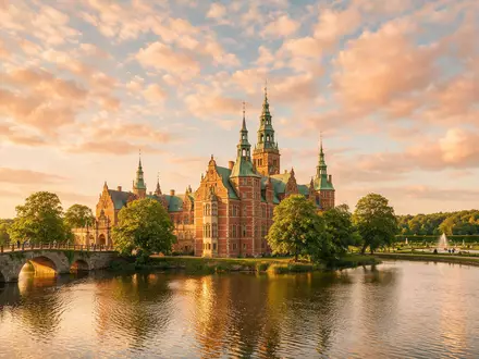 Fotorealistische Panoramaaufnahme von Schloss Frederiksborg in Hilleröd Dänemark, warmes Abendlicht auf Wahrzeichen - Foto: THN