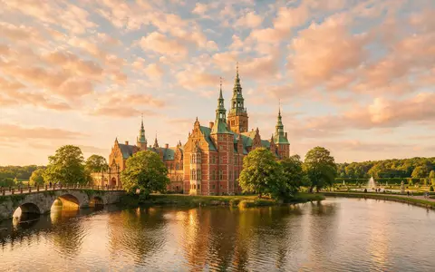 Fotorealistische Panoramaaufnahme von Schloss Frederiksborg in Hilleröd Dänemark, warmes Abendlicht auf Wahrzeichen - Foto: THN