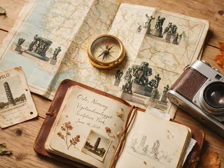 Flatlay-Reise-Arrangement rund um Vigeland-Park Oslo in Oslo Norwegen, Karte Kompass Kamera und generische Reiserequisiten - Foto: THN