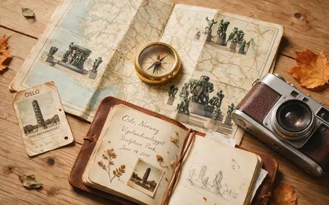 Flatlay-Reise-Arrangement rund um Vigeland-Park Oslo in Oslo Norwegen, Karte Kompass Kamera und generische Reiserequisiten - Foto: THN