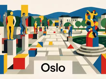 Bauhaus-Poster als geometrische Abstraktion von Vigeland-Park Oslo in Oslo Norwegen, kraeftige Grundfarben und harte Formkanten - Foto: THN
