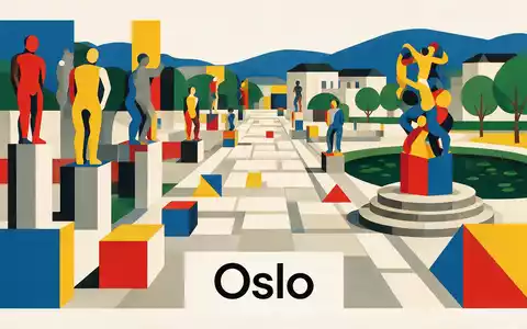 Bauhaus-Poster als geometrische Abstraktion von Vigeland-Park Oslo in Oslo Norwegen, kraeftige Grundfarben und harte Formkanten - Foto: THN
