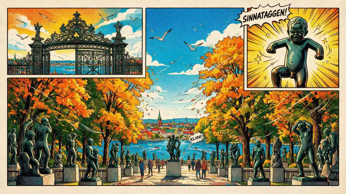 Pop-Art-Comic von Vigeland-Park Oslo in Oslo, Norwegen mit Rasterpunkten