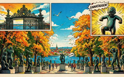 Pop-Art-Comicillustration des Wahrzeichens Vigeland-Park Oslo in Oslo Norwegen, kraeftige Konturen Rasterpunkte und satte Farben - Foto: THN