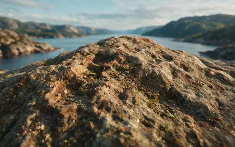 Extreme Makroaufnahme eines Materialdetails am Wahrzeichen Preikestolen in Strand Norwegen, taktile Struktur und weiches Seitenlicht - Foto: THN