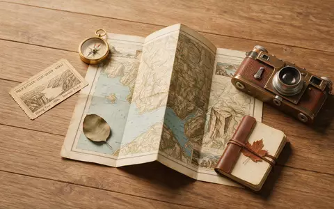 Flatlay-Reise-Arrangement rund um Preikestolen in Strand Norwegen, Karte Kompass Kamera und generische Reiserequisiten - Foto: THN