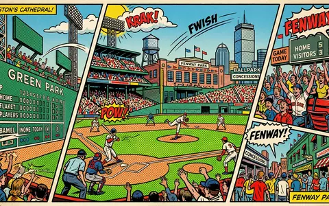 Pop-Art-Comicillustration des Wahrzeichens Fenway Park in Boston USA, kraeftige Konturen Rasterpunkte und satte Farben - Foto: THN