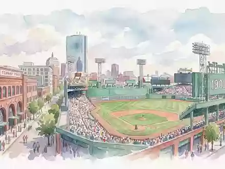 Aquarellillustration des Wahrzeichens Fenway Park in Boston USA, weiche Farbverläufe und pastelliges Reiseposter-Feeling - Foto: THN