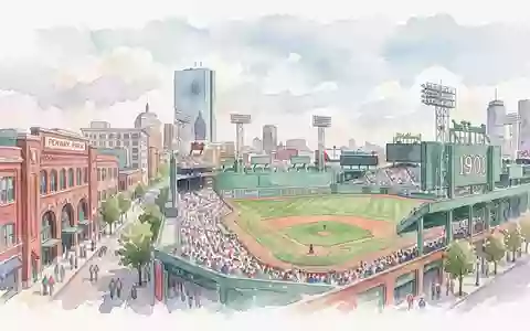 Aquarellillustration des Wahrzeichens Fenway Park in Boston USA, weiche Farbverläufe und pastelliges Reiseposter-Feeling - Foto: THN