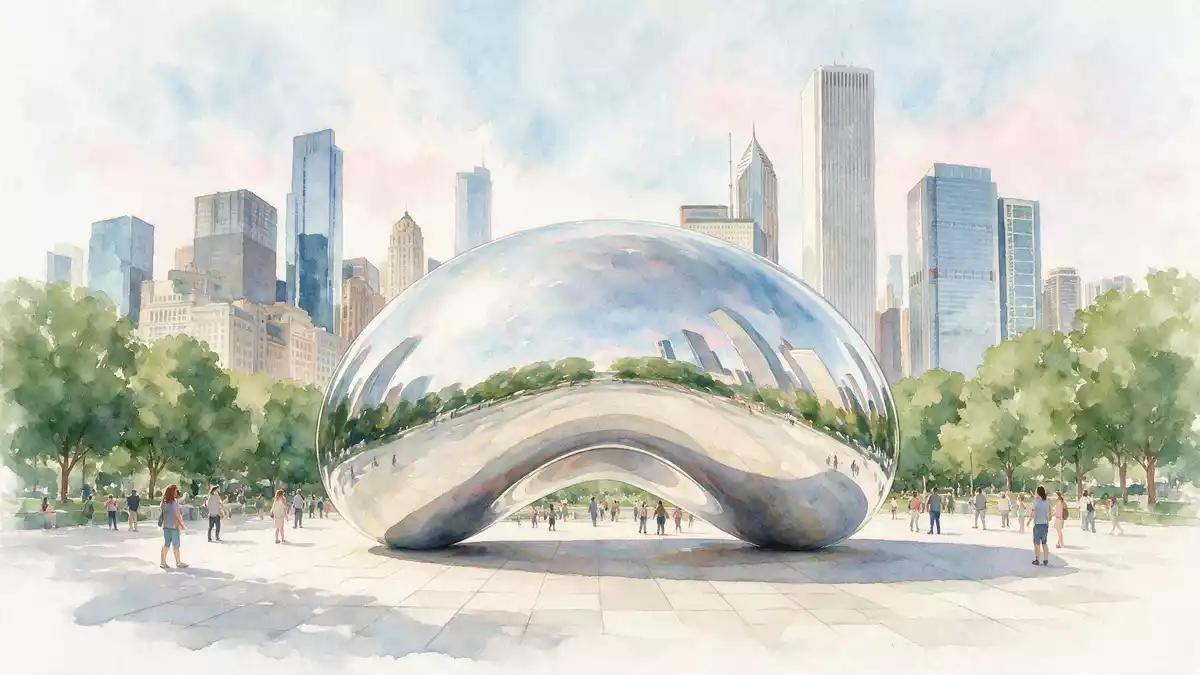 Aquarell-Illustration von Cloud Gate Chicago in Chicago, USA als Reiseposter