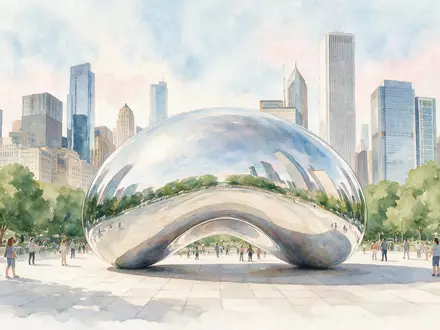 Aquarellillustration des Wahrzeichens Cloud Gate Chicago in Chicago USA, weiche Farbverläufe und pastelliges Reiseposter-Feeling - Foto: THN