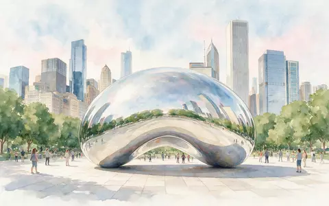 Aquarellillustration des Wahrzeichens Cloud Gate Chicago in Chicago USA, weiche Farbverläufe und pastelliges Reiseposter-Feeling - Foto: THN