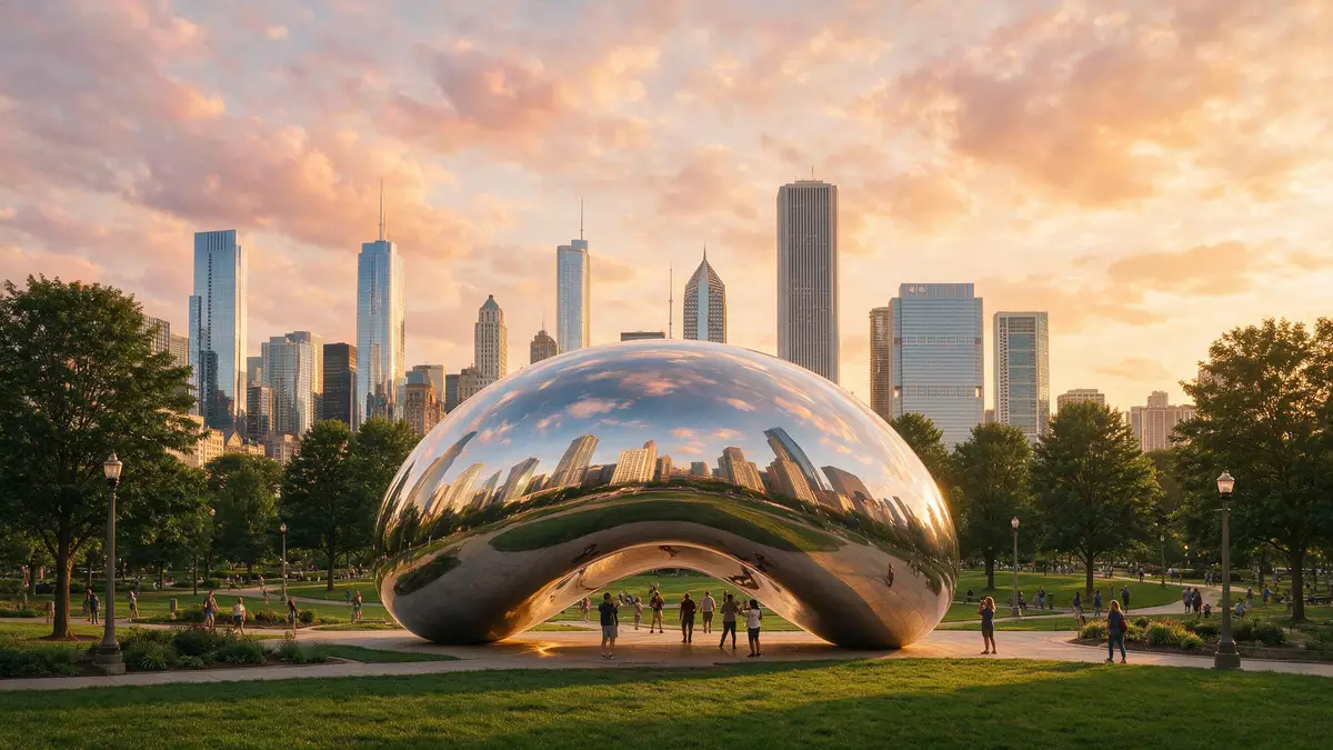 Fotorealistische Ansicht von Cloud Gate Chicago in Chicago, USA im Abendlicht
