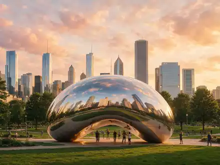Fotorealistische Panoramaaufnahme von Cloud Gate Chicago in Chicago USA, warmes Abendlicht auf Wahrzeichen - Foto: THN