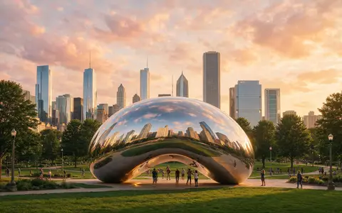 Fotorealistische Panoramaaufnahme von Cloud Gate Chicago in Chicago USA, warmes Abendlicht auf Wahrzeichen - Foto: THN