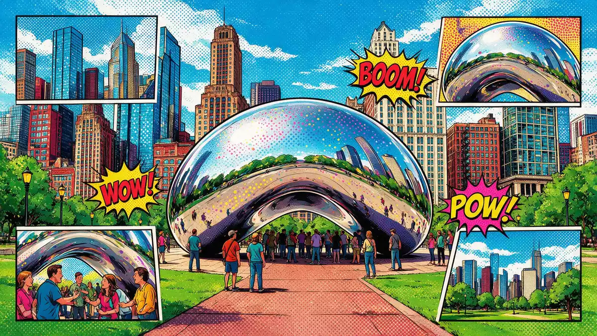 Pop-Art-Comic von Cloud Gate Chicago in Chicago, USA mit Rasterpunkten