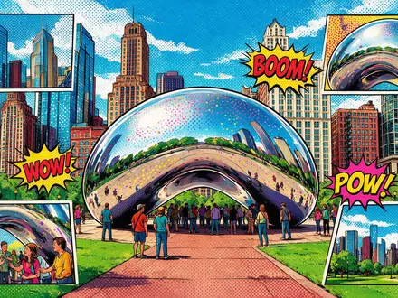 Pop-Art-Comicillustration des Wahrzeichens Cloud Gate Chicago in Chicago USA, kraeftige Konturen Rasterpunkte und satte Farben - Foto: THN