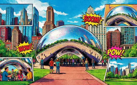 Pop-Art-Comicillustration des Wahrzeichens Cloud Gate Chicago in Chicago USA, kraeftige Konturen Rasterpunkte und satte Farben - Foto: THN