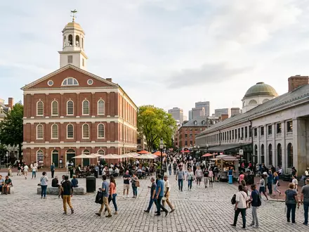 Editorialbild im Reisemagazin-Stil vom Wahrzeichen Faneuil Hall in Boston USA, ausgewogene Bildgestaltung und natuerliches Umgebungslicht - Foto: THN