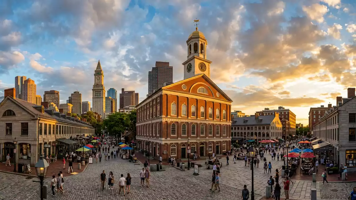 Fotorealistische Ansicht von Faneuil Hall in Boston, USA im Abendlicht